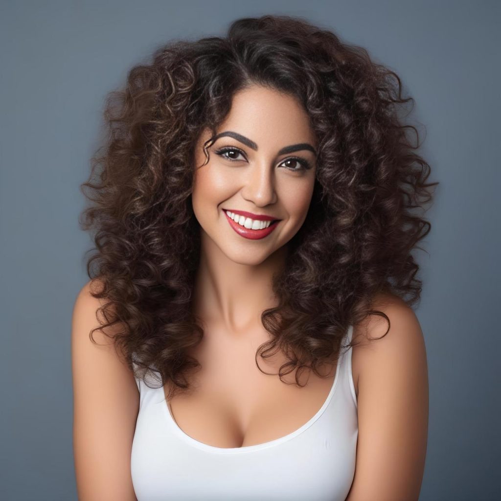 Vrouw met gezonde, glanzende krullen na gebruik van sulfaatvrije shampoo voor optimale haarverzorging